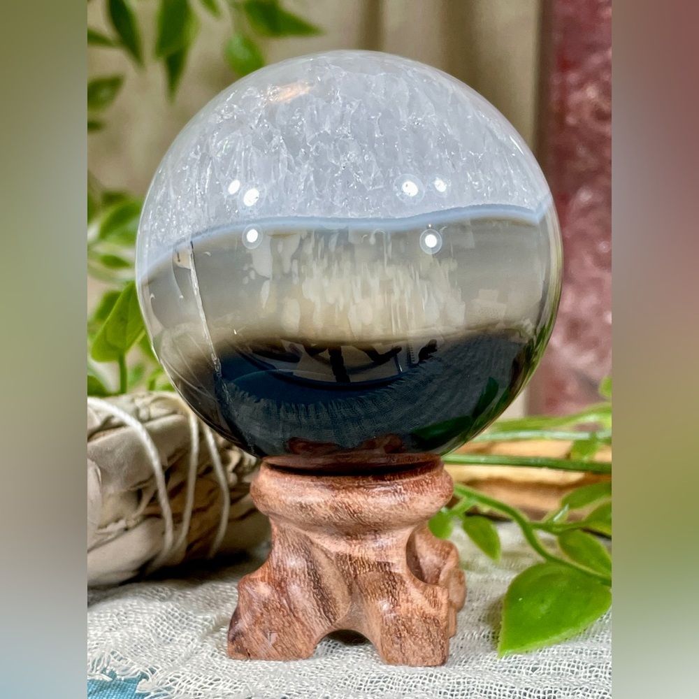 1404 Black Agate, Yellow Fluorite and Quartz Crystal Sphere